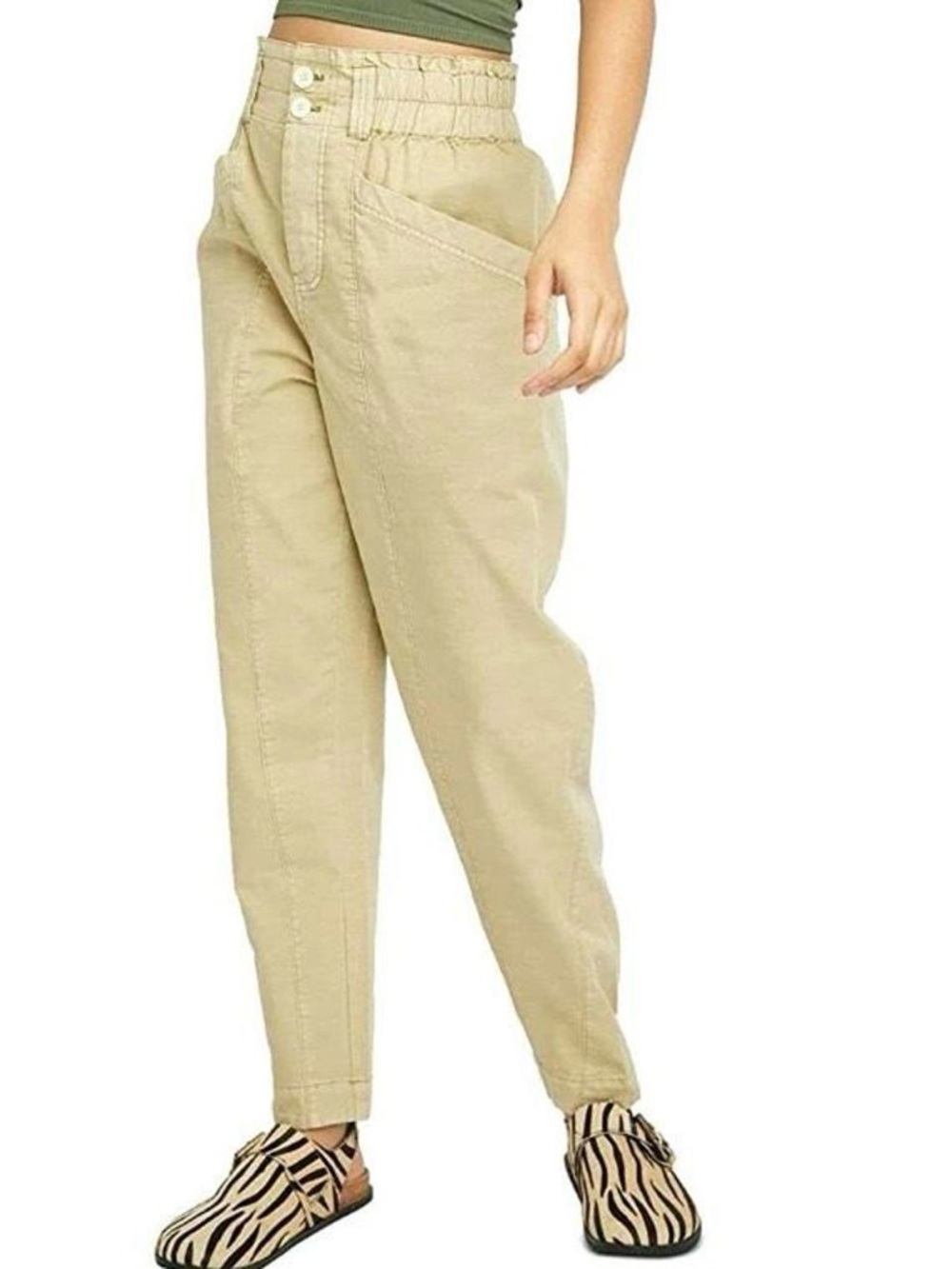 Free People Ready to Run Cinch Waist Pants Parchment Tan Beige Size M